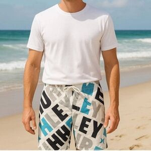 Hurley White, Teal & Black Logo Board Shorts with Drawstring Waist size L
